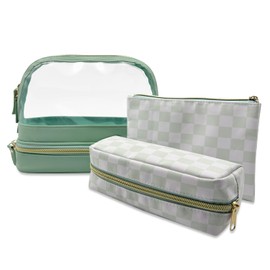 Sangula·Valley Makeup Bag 3 Pieces, Double Layer Transparent Cosmetic Bag Organiser, Women's Toiletry Bag, Travel Utensils, Green, Makeup Bag