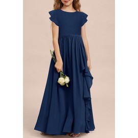 MITILLY Girls Lace Flower Maxi Dress Ruffle Sleeve A-Line Flowy Junior Bridesmaid Navy Blue Dresses for Wedding Party Size 10 Years Blue