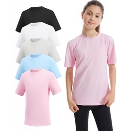 Celfaeree 5 Packs Girls Athletic Shirts Short Sleeve Active T-Shirts Dry Fit, Sports Workout Shirts for Kids Teens Black/White/Gr/Blue/Pink XS