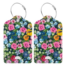 Rimilak 2 Pack PU Leather Luggage Tags for Suitcase, Travel Cruise Luggage Tag with Privacy Flap, Name ID Label and Metal Loop for Women Men Handbag School Bag Backpack, Beauty Flower