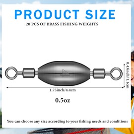 Seenelling 20 Pcs Brass Fishing Sinker Swivel Fishing Weights Saltwater Bullet Sinkers Drop Shot Fishing Weight Egg Sinkers with Swivel Rolling Removable Freshwater (1/2oz)