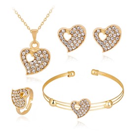 Auriselle Strass Schmucksets Damen, 4-Teiliges Schmuck-Set Skelett Herz Anhänger Halskette Armband Ring Ohrring Set mit Strasssteinen Glänzend, Heart Verstellbare Länge Jewelry Frauen Mädchen, Golden