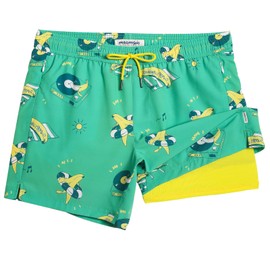 MaaMgic Mens Swim Trunks with Compression Liner 2 in 1 Swimming Shorts Stretch 5.5" Quick Dry Bathing Suits,Bananas Holiday,Medium