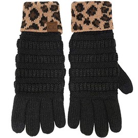 Funky Junque Funky Gloves Womens Warm Knit Winter Touch Screen Gloves with Grippers Fleece Lined for College Girl - a Leopard Print - Black