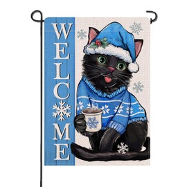 Artofy Welcome Winter Black Cat Small Decorative Garden Flag, Christmas Pet Snowflake Yard Lawn Outside Decor Cat Lover Gifts, Seasonal Farmhouse Burlap Outdoor Home Decoration Double Sided 12 x 18