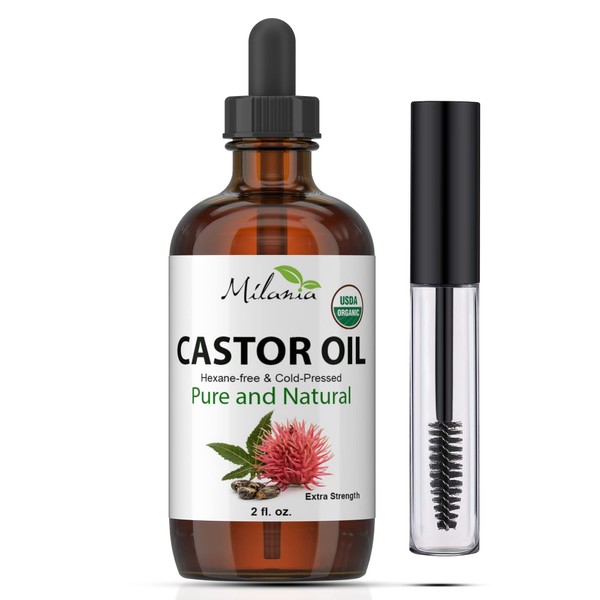 MILANIA Organic Castor Oil (2oz) Extra Strength, Serum for Eyelashes, Eyebrows, Hair Growth - 100% Pure, Hexane-Free Cold Pressed - Natural Conditioner