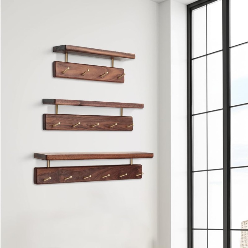 MATOOYA Shelf with Hooks, Solid Wood Bedroom Shelves for Wall,