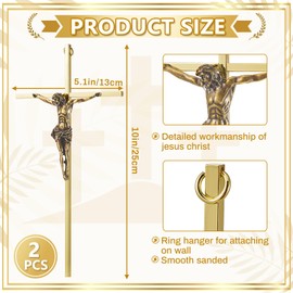 Leinuosen 2 Pcs Metal Crucifix Wall Cross 10 x 5 x 1 Inch Gold Home Cross Wall Decor Slender Hanging Cross Decor for Wall Gifts