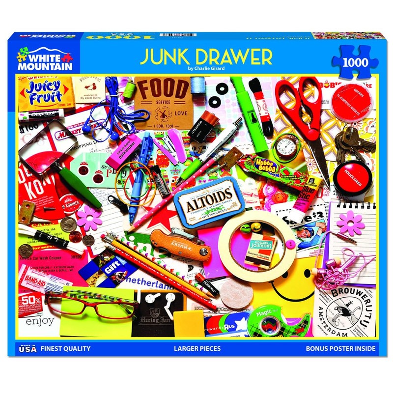 White Mountain Junk Drawer 1000 Piece Puzzle Fun Collage Jigsaw