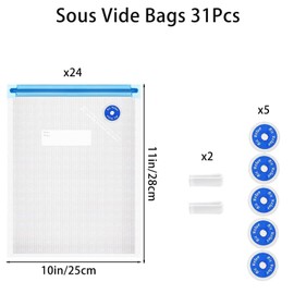 Sous Vide Bags 31Pcs, Reusable BPA Free Vacuum Sealer Bags (11 * 10 in) Vacuum Food Storage Bags for Cooking/Food Storage/Microwave Heating - 24Pcs Vacuum Zipper Bags & 2 Seal Clips & 5 Air Valves