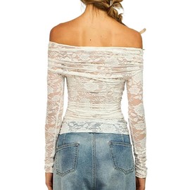 Oumrdeo Women's Mesh Top Long Sleeve Off Shoulder Sheer Blouse See Through Floral Lace Tops White L
