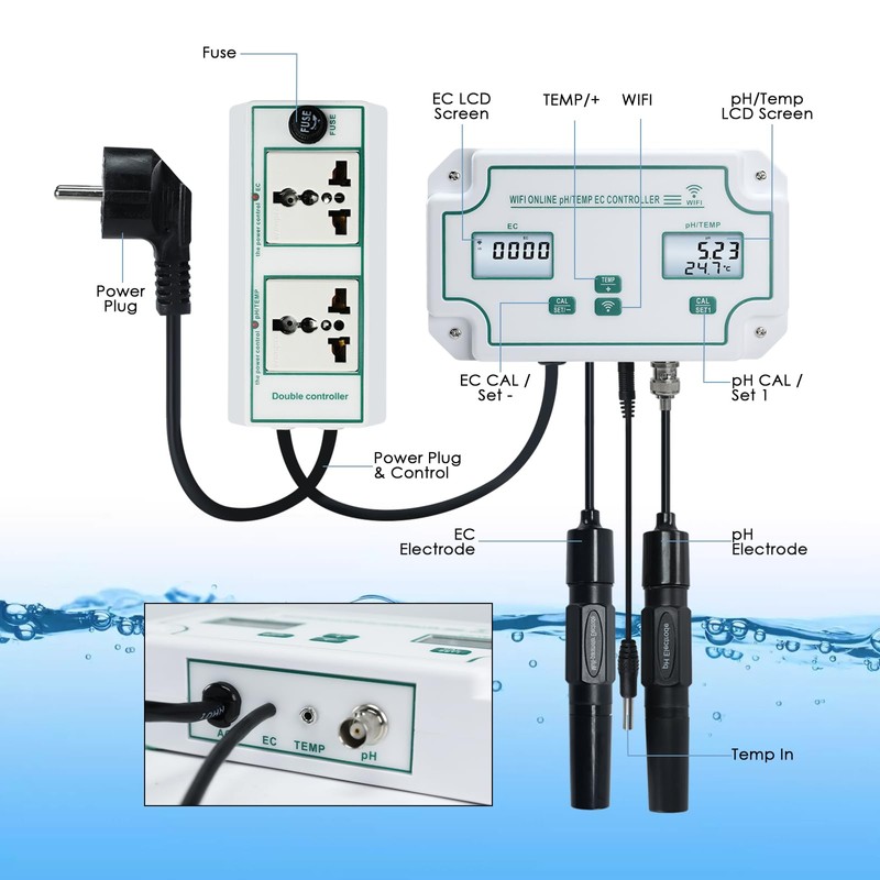 WiFi pH/EC/Temperature Monitor for Hydroponics, Dual Plugs System pH EC