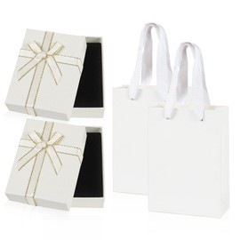 Nwvuop 2Pcs Jewellery Gift Box with 2Pcs Gift Bag, 9× 7× 3 cm Small Gift Box with Lid Earring Ring Necklace Gift Box(Beige)