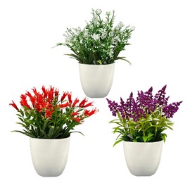 3pcs Spring Artificial Potted Flowers, Mini Colorful Potted Plants for Indoor, Small Fake Plants for Shelf Desk Home Bathroom Farmhouse Office Living Room Decor (Orange+Purple+White)