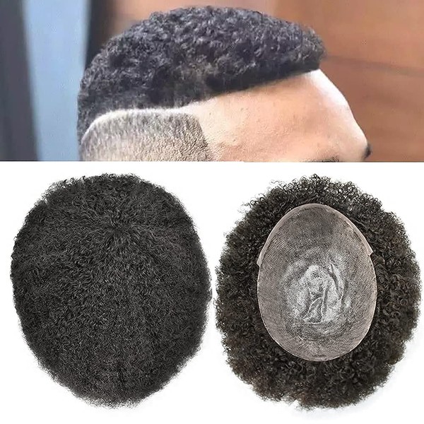 SINGA HAIR Afro Toupee for Black Men Curly Weave Brazilian Hair System All Pu Injection Hair Unit for Black Men (1B# Natural Black,8MM Afro)