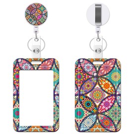 Retractable Badge Holder with Carabiner Reel Clip, Vertical ID Badge Holder with Keychain, 1 Pack Cute and Fashionable Badge Reel Card Pocket for Nurse Doctor Office School Teacher (Colorful Flowers)