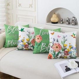 TOMMO Set of 4 Square Cushion Cover 18x18 inch Luxury Velvet Birdsong and Flowers Breathable Pillow Case 45x45cm for Sofa, Bed, Office, Hidden Zip Washable Modern Grey Beige Home Decor