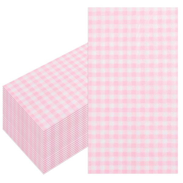 100 Pcs Pink Paper Napkins,2-Ply Disposable Pink and White Checkered