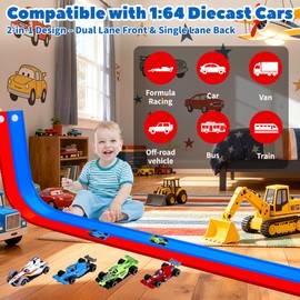 15 Ft Flexible Race Car Track for Kids, Double-Sided Racetrack with Suction Cups, Race Car Ramp Track & Compatible 1:64 Diecast Cars,Portable Roll Up Track Toy,Gift for Boys Girls Ages 3-5 5-7