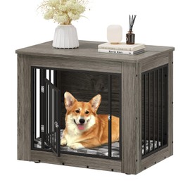 YITAHOME 32.5" L Dog Crate Furniture for Medium Dogs, 2-in-1 Iron-Wood Fusion Dog cage Indoor up to 40 lb, Side End Table, Modern Dogs Kennel with Waterproof Top, Safety Corners,Steel Lock,Grey