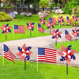 Silipull 100 Pcs 4th of July American Garden Flags Aircraft Pinwheels Set Red White Blue Patriotic Stars and Stripes Decorations for Independence Day Memorial Day Party Supplies Home Yard Garden Decor