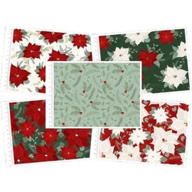 Christmas Fabric Jolly Poinsettia Fat Quarter Bundle of 5pcs 18"x22" (45x55cm) Wide for Crafting, Sewing, Patchwork, Home Décor; 100% Cotton