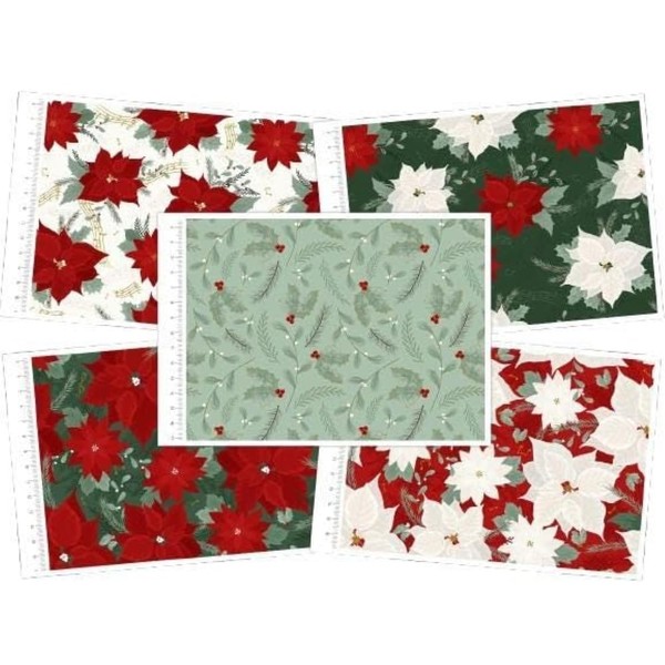 Christmas Fabric Jolly Poinsettia Fat Quarter Bundle of 5pcs 18"x22"
