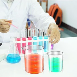 Plastic Graduated Beaker, 6Pcs Clear Plastic Beakers Set Lab Measuring Cup with 10 Dropper 20 Finger Cot, Liquid Container 25ml/50ml/100ml/150ml/250ml/500ml for Laboratory Science Chemistry Experiment