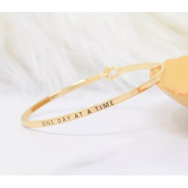 Curated Trinkets ONE DAY AT A TIME | Inspired Message Engraved Simple Bangle | GOLD