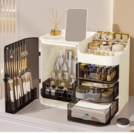 DASITON Makeup Organizer for Vanity,Large Capacity Makeup Storage Organizer with 3-Layer Drawers and Mirror,Cosmetics Display Case Make up Organizers for Vanity,Bedroom,Countertop(Clear-Cream)