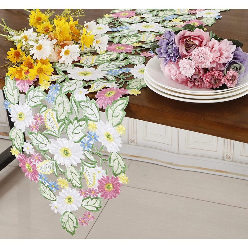 Spring Flower Table Runner Embroidered Flowery Table Placemats Floral Cutwork