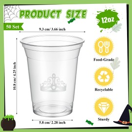 Hushee 50 Sets Witch and Princess Theme Party Supplies 12 oz Witch Hat and Princess Crown Plastic Cups with Lids and Straws Clear Disposable Coffee Juice Drinking Cups for Birthday Baby Shower Party