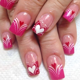 Valentines Press on Nails Medium Square OFDNE Pink French Tip Fake Nails False Nails with Heart Designs Full Cover Glossy Glue on Nails Cute Acrylic Nails for Women Girls 24 Pcs