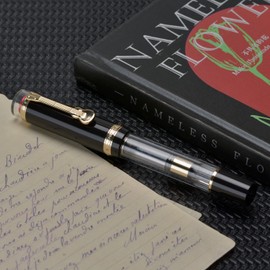 Jinhao 1935 Tiandao Fountain Pen, Size 8 Fine Nib, Golden Guitar Clip, Black and Transparent Acrylic with Converter