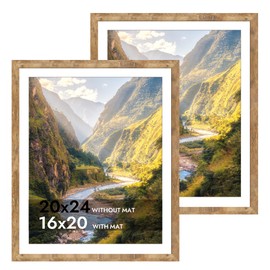 iRahmen 20x24 Picture Frame Set of 2 with Plexiglass, Wood Brown Rustic Poster Frame for Wall Mounting Display 16x20 Picture with Mat or 20 x 24 Without Mat