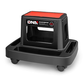 DNA MOTORING Mobile Plastic Tool Seat Rolling Garage Work Stool with Under-Seat Storage & Tray for Workshop Auto Repair Shop, Red/Black, TOOLS-00367