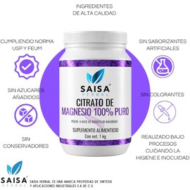 Citrato De Magnesio 1 kg | Suplemento Alimenticio | Sin Sabor Saisa Herbal | 100% Puro | Sin Azucar, Conservadores, Saborizantes | Energía, Vitalidad,