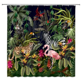 Rainforest Animal Shower Curtain Tropical Jungle Forest Leopard Flamingo Zebra Parrot Monkey Toucan Palm Leaf Green Plant Wildlife Zoo Safari Bathroom Decor Fabric Curtains with Hooks