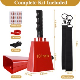 cyrico Cow Bells for Sporting Events, 2 Pack 10 Inch Cowbell with Handle, Metal Loud Noise Makers for Football Games, Large Red Cheering Hand Bell Chimes Alarm School Musical Percussion Instruments