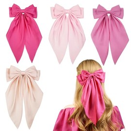 JGQUR Pastel Satin Hair Bows 4-Pack for Women - Rose Red Lotus Pink Champagne Light Pink - Elegant Hair Clips for Parties and Photoshoots