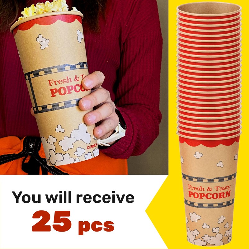 CUSINIUM 24 oz 25-Pack Kraft Popcorn Buckets - Large Popcorn