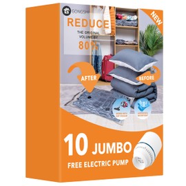 10 Jumbo Vacuum Storage Bags with Electric Pump, Space Saver Bag for Clothes, Mattress, Blanket, Duvets, Pillows, Comforters, Travel