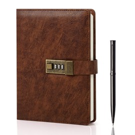 WEMATE Diary with Lock, A5 Journal with Lock 240 Pages, Lock Journal with Pen & Gift Box, Lock Diary for Men and Women, 8.6x5.8in Brown