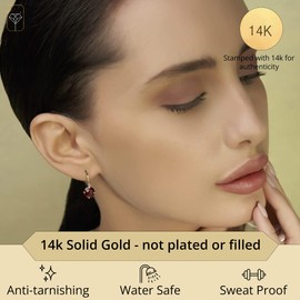 MAX + STONE 14k Yellow Gold Solitaire Created Red Ruby Round Drop Dangle Earrings for Women 8mm July Birthstone with Push Backs