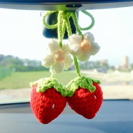 Crochet Strawberry Rear View Mirror Hanging Accessory, Flower Car Interior Ornament, Cute Hanging Decor for Women, Bag Charm