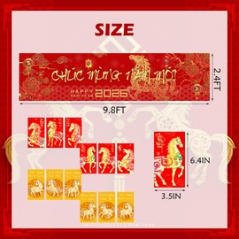 IRCOR Tet Decorations 2026 Banner with 12 Red Envelopes Vietnamese New Year Banner for Outside Vietnamese Lunar New Year Decorations