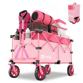 Sekey 330lbs Collapsible Foldable Wagon with Weight Capacity, Heavy Duty Folding Wagon Cart with Big All-Terrain Wheels & Drink Holders. Pink
