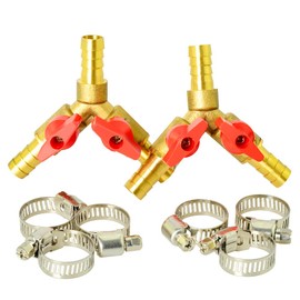 GASHER 2 PCS 3 Way Shut Off Ball Valve, 3/8" Hose Barb 2 Switch Brass Y Shaped Valve with 6 Hose Clamps