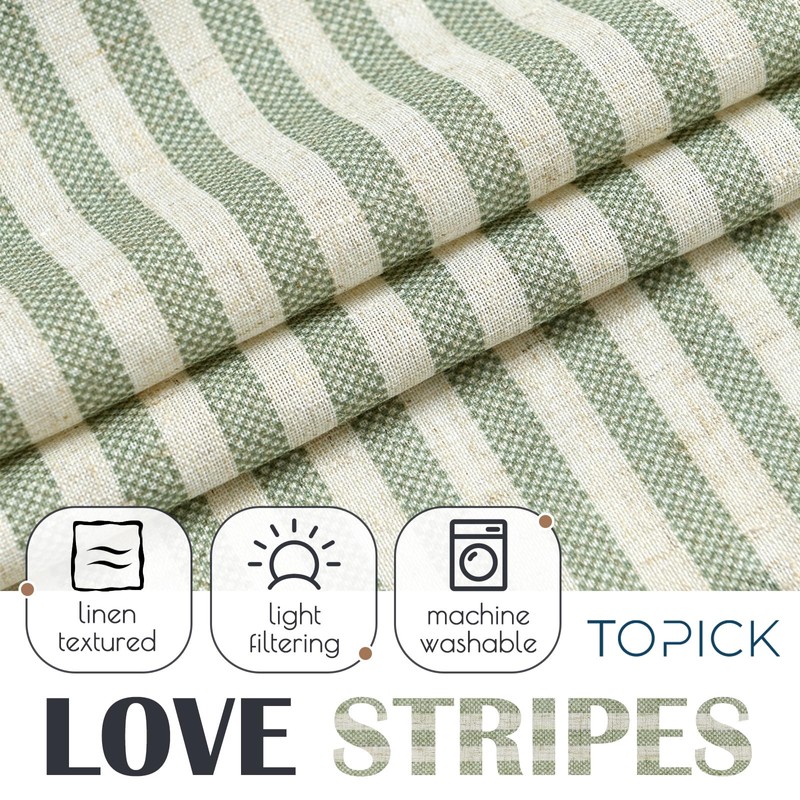 TOPICK Green Striped Small Curtains 24 Inch Drop Linen Kitchen