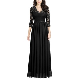 MISSMAY Women's Vintage Floral Lace V Neck Evening Bridesmaid Formal Long Dress (Large, Black)